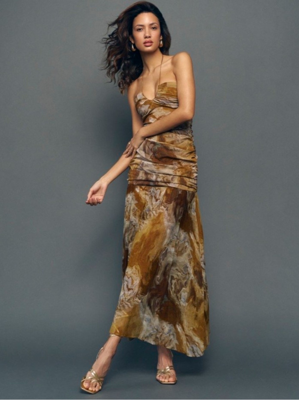 Zara Brown Gold Marble Backless Slip Dress